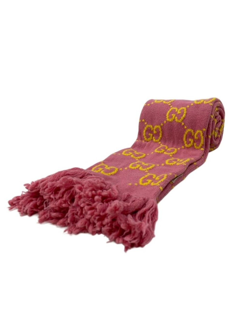 Gucci Scarf Pink Yellow GG Pattern Fringe Wool